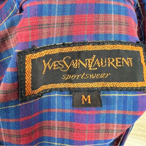 YVES SAINT LAURENT Vintage Men's Medium Plaid Button Down Cotton Blend Shirt - Picture 4 of 7